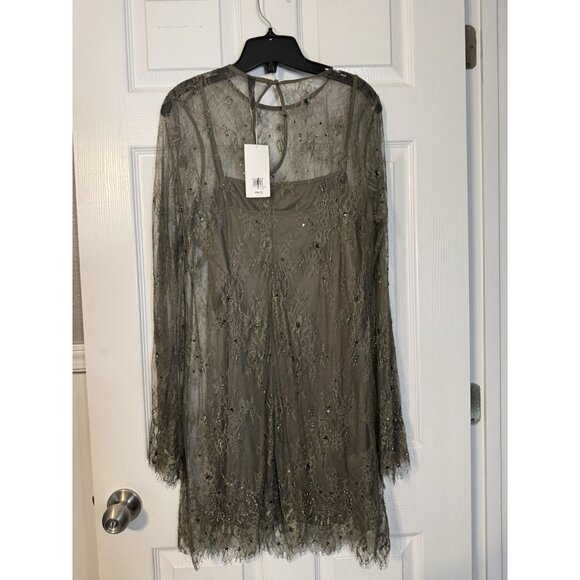 Mango Green Long Sleeve Lace Sequin Bead Dress L Large Olive Green $159 NEW - Picture 11 of 15